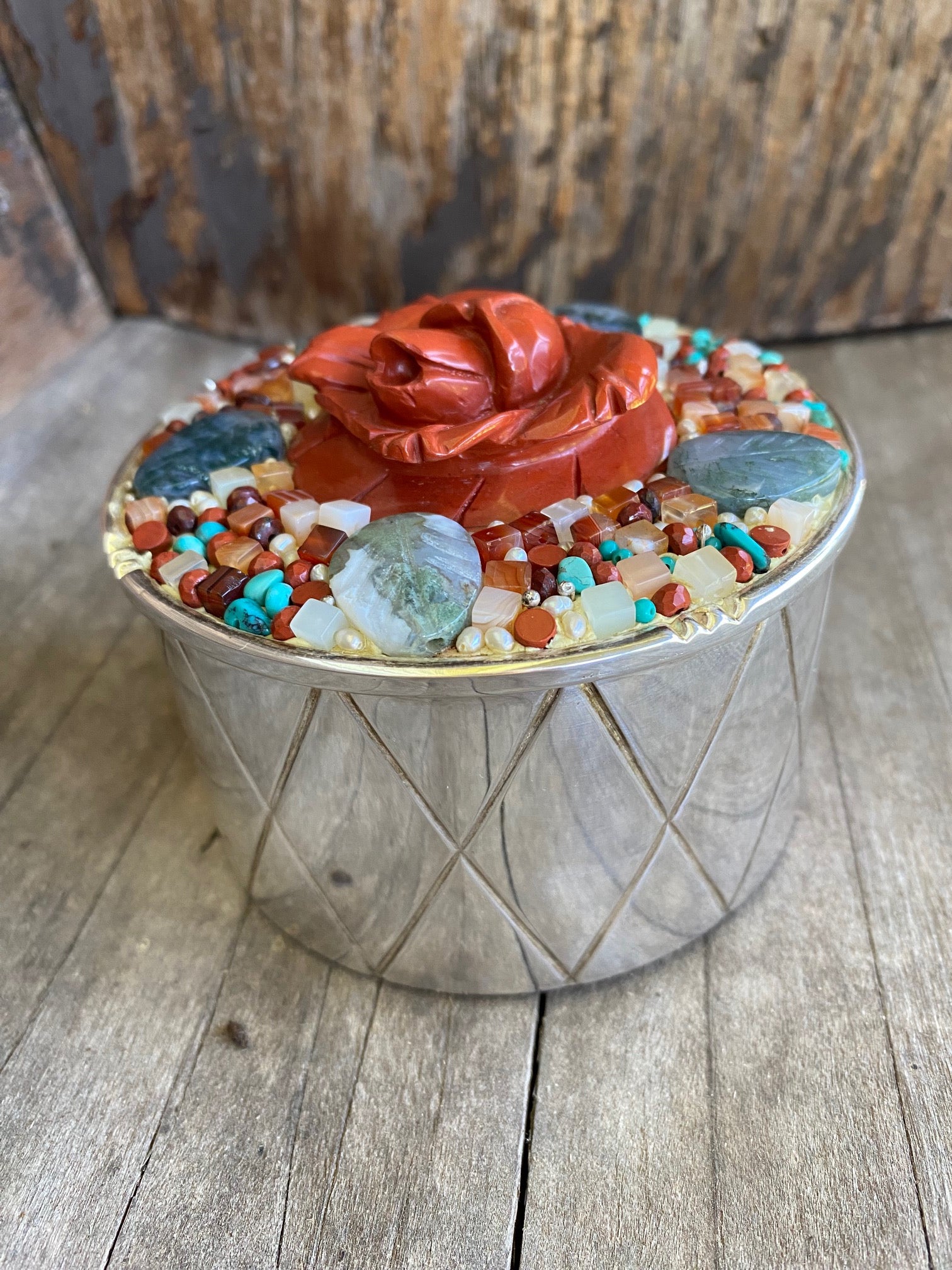 ROUND BOX WITH JASPER, AND PEARLS, PAVEE.