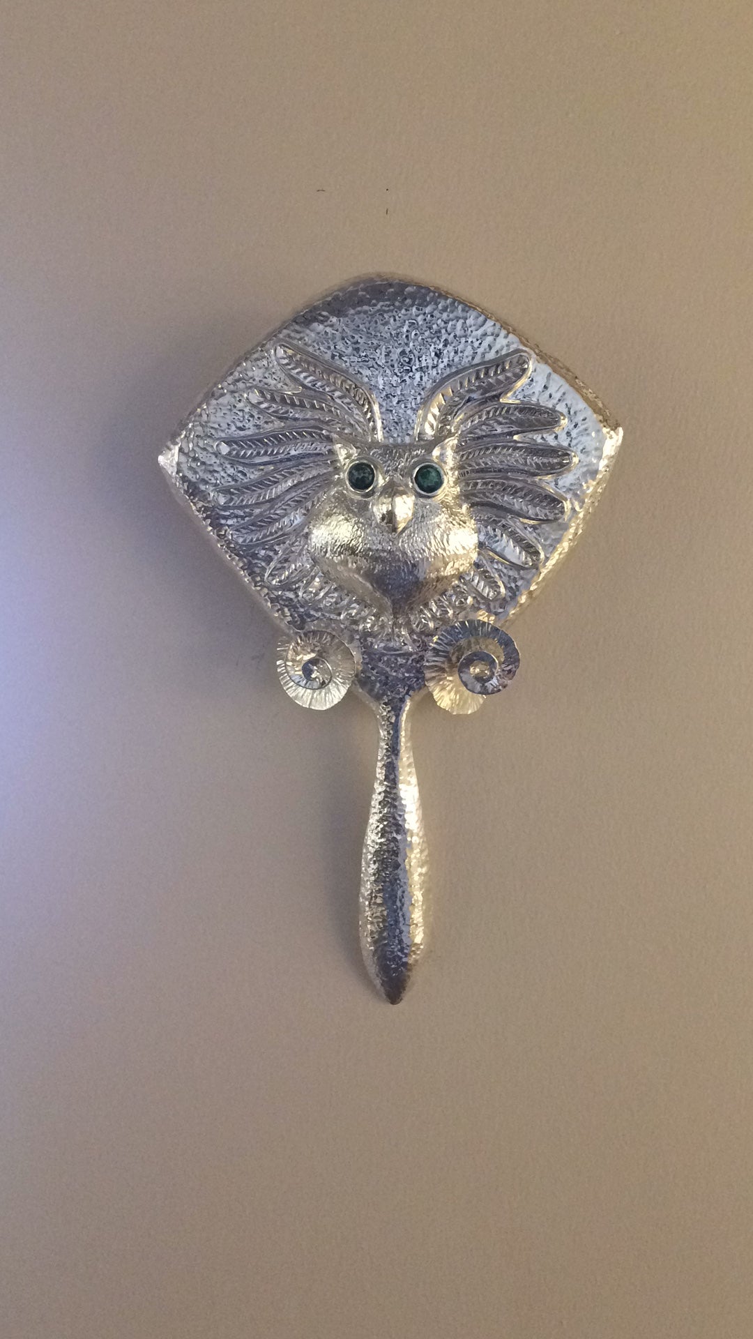 REPOUSSE OWL HAND HELD MIRROR.
