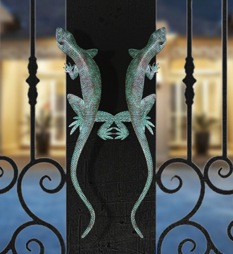 VERDIGRIS PATINA, LARGE LIZARD DOOR PULLS.