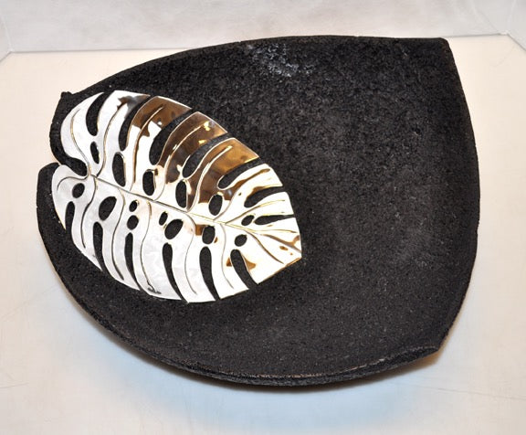 LARGE PHILODENDRUM LEAF VOLCANIC ROCK BOWL